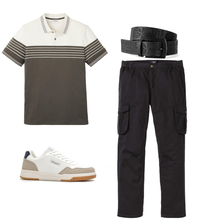 Outfit homme - Été polo rayé. Style Casual pour Tous les jours. Assortir avec ceintures, polos, pantalon cargo, sneakers.