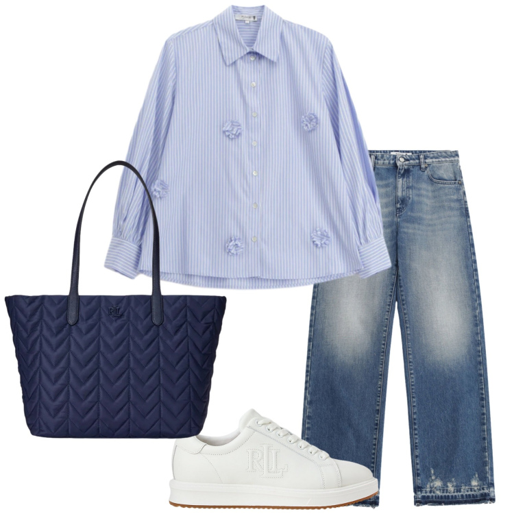 Outfit donna - In ufficio. Stile Casual chic per Tutti i giorni. Abbinamento con camicie, jeans, sneakers, borse tote.
