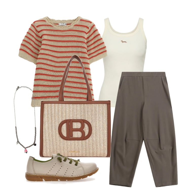 Outfit donna - Aprile. Stile Casual per Tutti i giorni. Abbinamento con pantaloni a palazzo, t-shirt, canottiere, ciondoli, scarpe stringate, borse a spalla.
