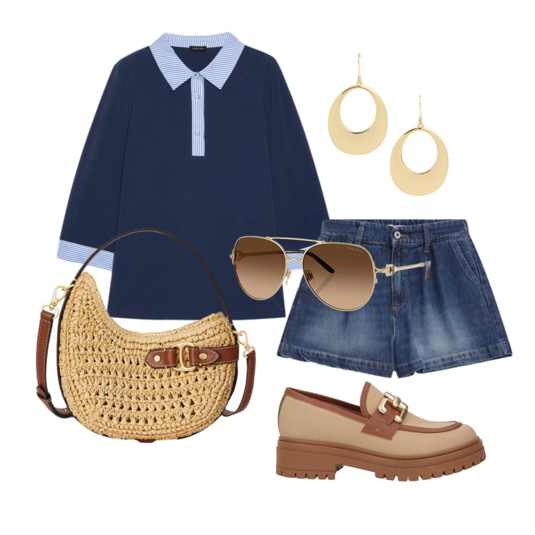 Outfit donna - Aprile. Stile Casual chic per Tutti i giorni. Abbinamento con mocassini, polo, shorts, occhiali da sole, borse a tracolla, orecchini.
