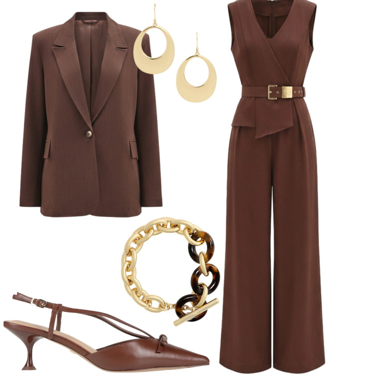 Outfit donna - Cerimonia in mocha mousse. Stile Chic per Cerimonia. Abbinamento con décolleté, tute, blazer, orecchini, braccialetti.