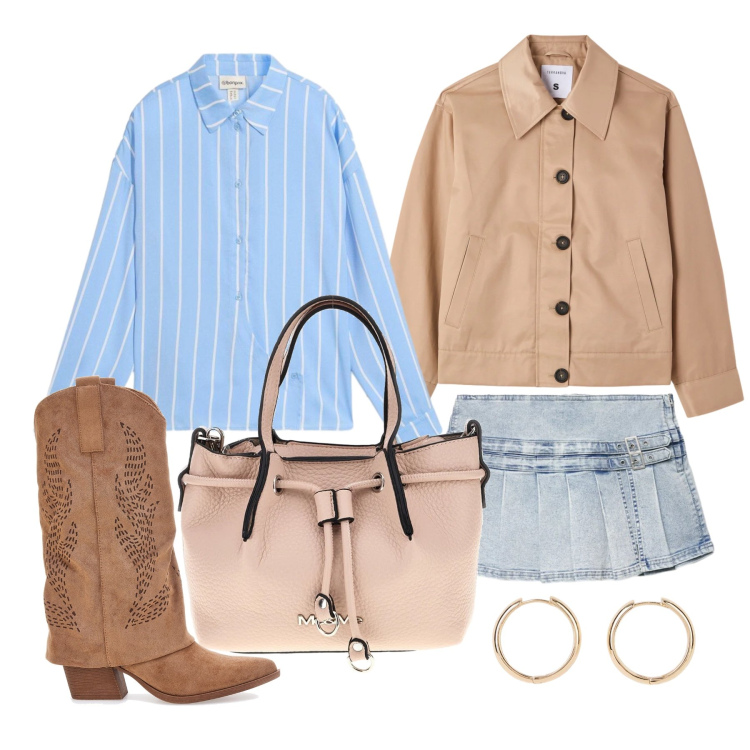 Outfit donna - Aprile. Stile Casual chic per Tutti i giorni. Abbinamento con orecchini, camicie, cappotti, gonne, borse a spalla, stivali.