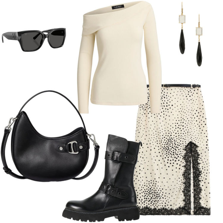Outfit donna - Gonna midi eleganza e comfort. Stile Trendy per Tutti i giorni. Abbinamento con stivaletti, gonne longuette, borse a tracolla, occhiali da sole, top, orecchini.