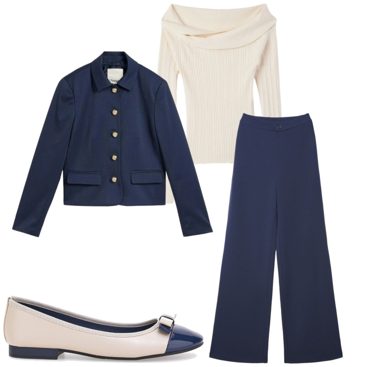 Outfit donna - Il ritorno del blu. Stile Casual chic per Ufficio. Abbinamento con blazer, maglieria, pantaloni, ballerine.