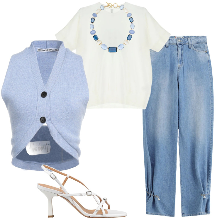 Outfit donna - Casual chic. Stile Casual chic per Serata fuori. Abbinamento con top, sandali in pelle, jeans, t-shirt, collane.