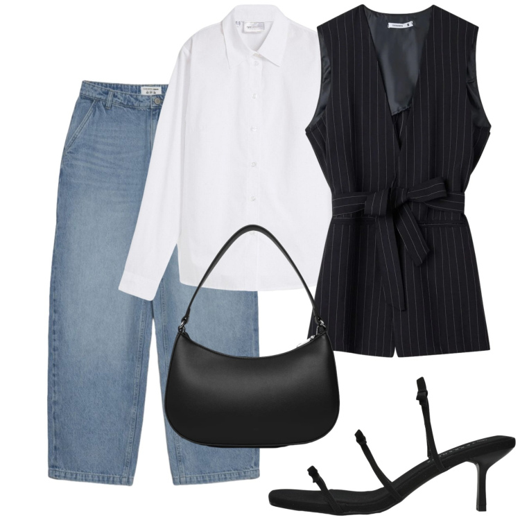 Outfit donna - Il gilet gessato. Stile Casual chic per Tutti i giorni. Abbinamento con camicie, gilet, jeans dritti, borse a tracolla, sandali col tacco.