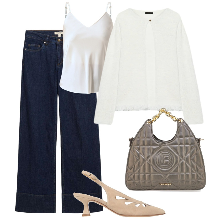 Outfit donna - Colori che illuminano - Curvy style. Stile Chic Abbinamento con décolleté, jeans, top, cardigans, borse a mano.
