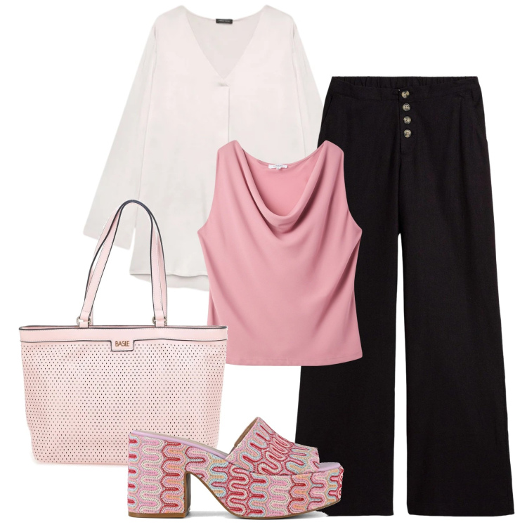Outfit donna - Colori che illuminano - Curvy style. Stile Trendy per Tutti i giorni. Abbinamento con pantaloni a palazzo, canottiere, bluse, sabot, borse a spalla.