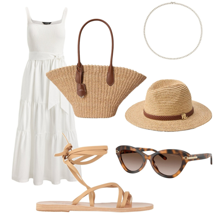 Outfit donna - Susannah Fisher. Stile Casual chic per Mare. Abbinamento con ciabatte, vestiti, occhiali da sole, collane, cappelli, borse tote.