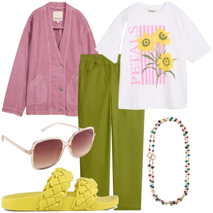 Outfit donna - Flowers in pink. Stile Casual chic per Tutti i giorni. Abbinamento con pantaloni, blazer, t-shirt, occhiali da sole, collane, ciabatte.