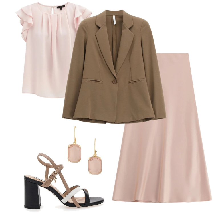 Outfit donna - Curve in movimento. Stile Chic per Cerimonia. Abbinamento con gonne lunghe, blazer, canottiere, orecchini, sandali col tacco.
