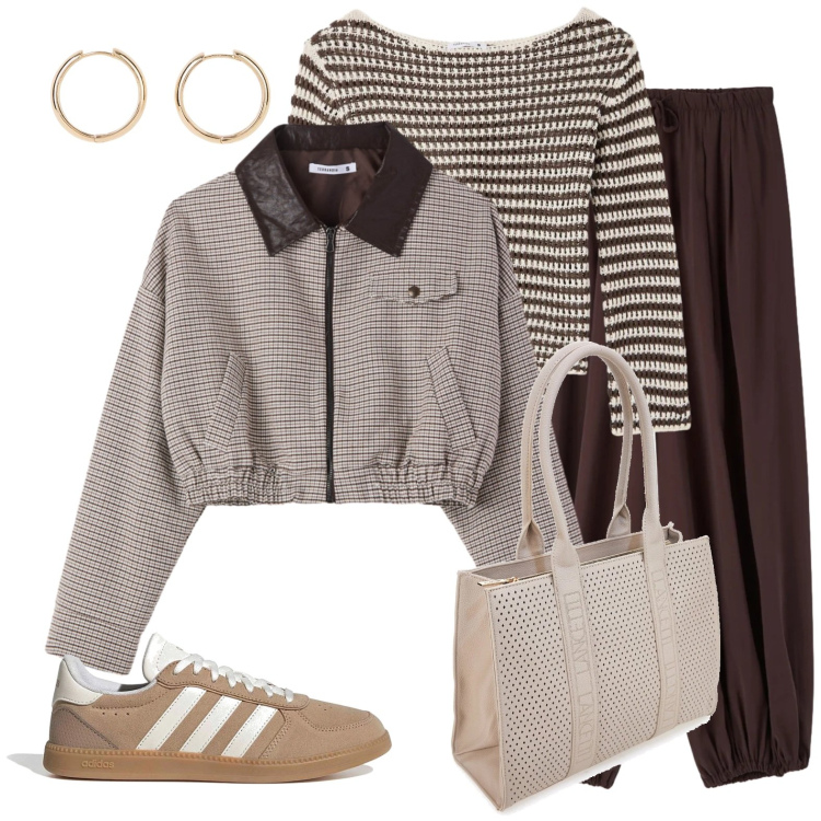 Outfit donna - Sportive in ufficio. Stile Urban per Ufficio. Abbinamento con orecchini, maglieria, pantaloni, cappotti, sneakers, borse a spalla.