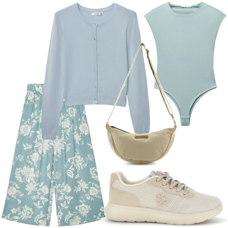 Outfit donna - Primavera in fiore. Stile Urban per Tutti i giorni. Abbinamento con cardigans, top, pantaloni a palazzo, sneakers, borse a tracolla.