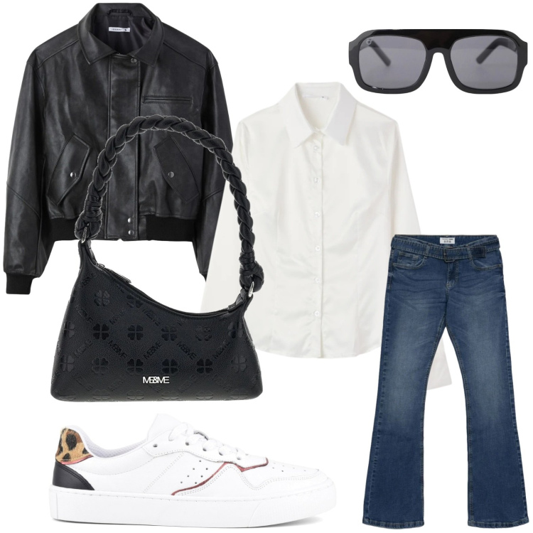 Outfit donna - Pelle e jeans. Stile Urban per Tutti i giorni. Abbinamento con jeans a zampa, giacche, camicie, occhiali da sole, sneakers, borse a mano.