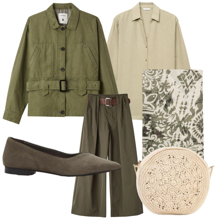 Outfit donna - Voilà il foulard. Stile Trendy per Tutti i giorni. Abbinamento con borse a tracolla, ballerine, cappotti, pantaloni, camicie, foulard.