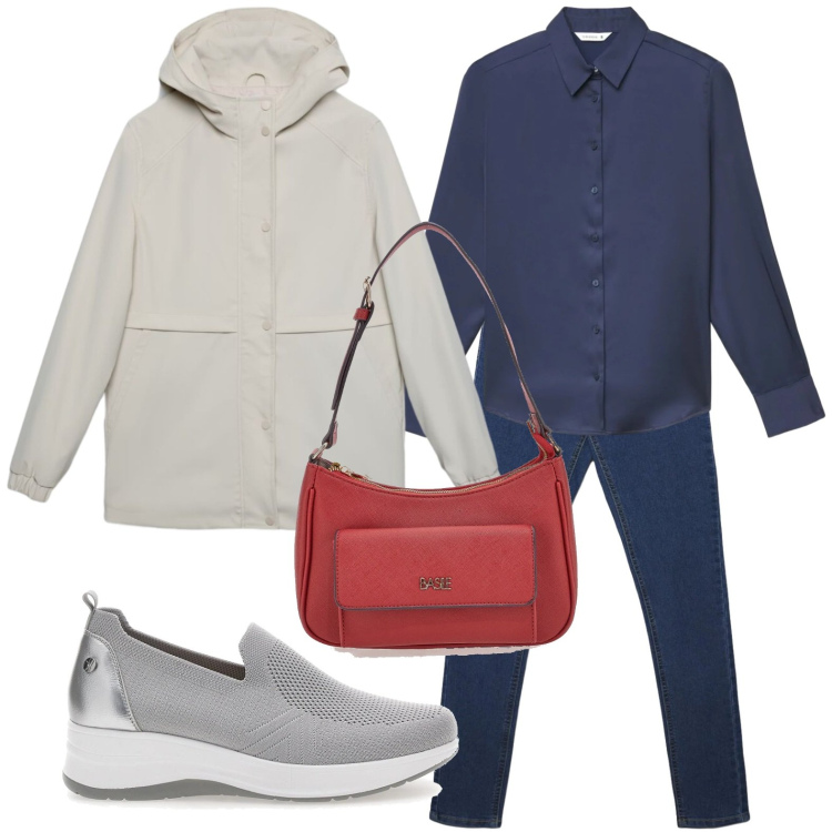 Outfit donna - Look funzionale. Stile Trendy per Tutti i giorni. Abbinamento con giacche, camicie, jeggings, mocassini, borse a spalla.