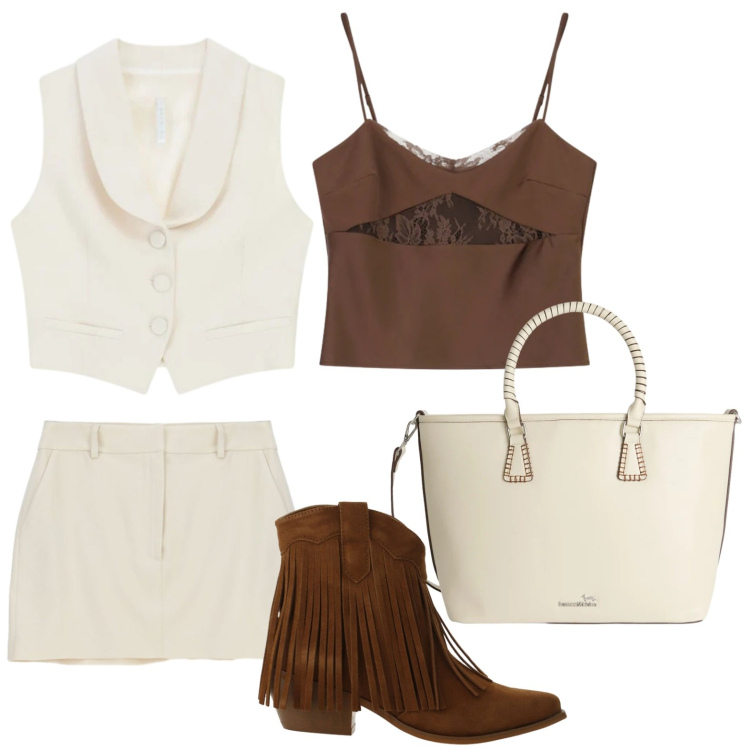 Outfit donna - Crema e fondente. Stile Urban per Tutti i giorni. Abbinamento con shopping bag, stivaletti texani, canottiere, minigonne, gilet.