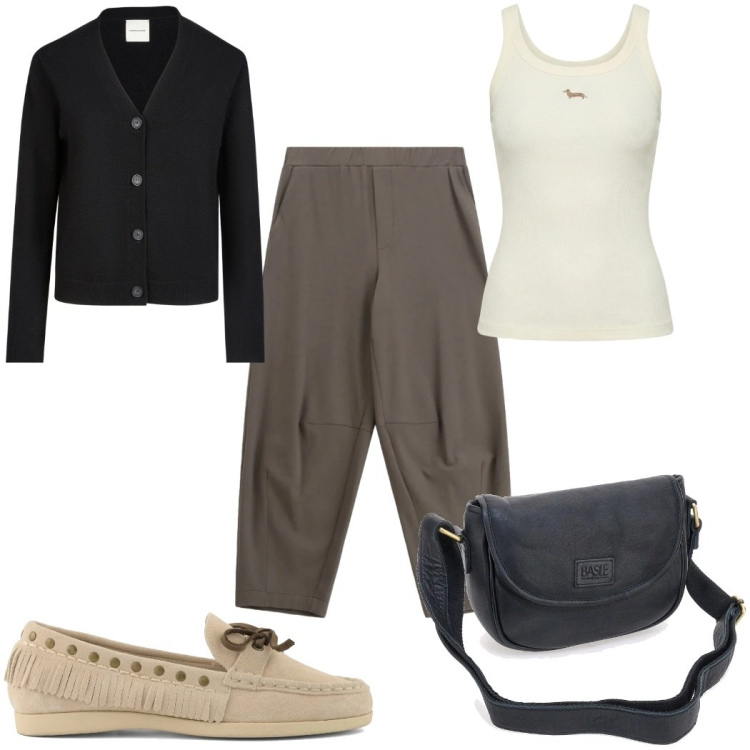 Outfit donna - Total look #2378182. Stile Trendy per Tutti i giorni. Abbinamento con pantaloni a palazzo, canottiere, cardigans, mocassini, borse a tracolla.