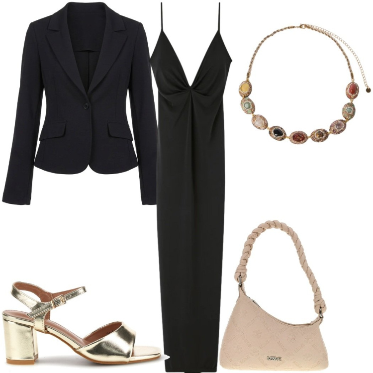 Outfit donna - Total look #2378186. Stile Trendy per Serata fuori. Abbinamento con vestiti lunghi, collane, blazer, sandali col tacco, borse a spalla.