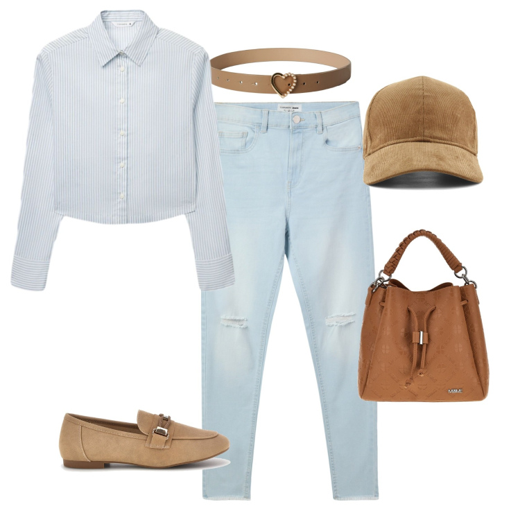 Outfit donna - Casual chic -armocromia autunno soft. Stile Casual chic per Tutti i giorni. Abbinamento con jeans strappati, camicie, cinture, borse a tracolla, mocassini, cappelli con visiera.