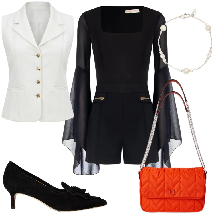 Outfit donna - Un tocco di charme. Stile Urban per Serata fuori. Abbinamento con tuta corta, gilet, décolleté, braccialetti, borse a tracolla.
