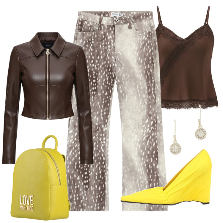 Outfit donna - Il pantalone protagonista Please. Stile Casual chic per Serata fuori. Abbinamento con décolleté, zaini, pantaloni, giacche, canottiere, orecchini.
