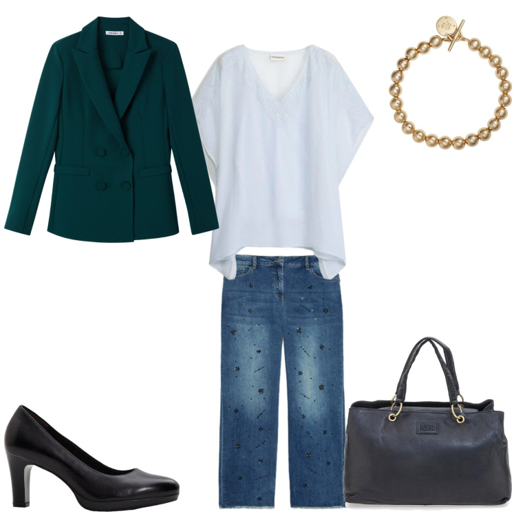 Outfit donna - Dall\'ufficio allo shopping. Stile Casual per Tutti i giorni. Abbinamento con tuniche, décolleté, blazer, jeans dritti, braccialetti, borse a mano.