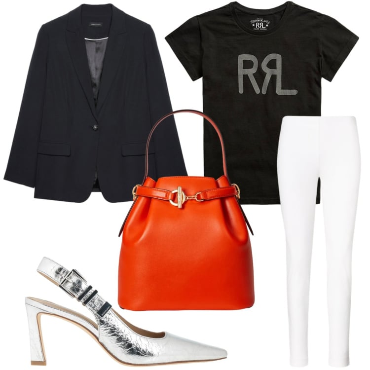 Outfit donna - Slingback silver. Stile Chic per Serata fuori. Abbinamento con décolleté, blazer, pantaloni skinny, t-shirt, borse a secchiello.