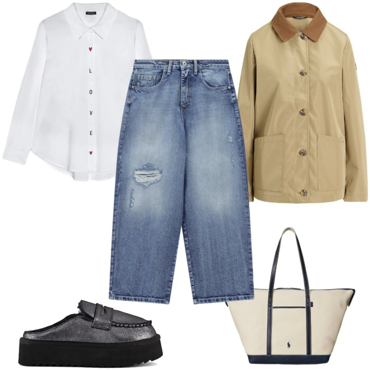 Outfit donna - Total look #2378193. Stile Trendy per Tutti i giorni. Abbinamento con camicie, jeans strappati, giacche, borse tote, mocassini.