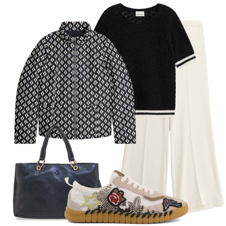Outfit donna - Geometrie in bianco e nero. Stile Casual chic per Tutti i giorni. Abbinamento con t-shirt, giacche, pantaloni a palazzo, sneakers, borse a mano.