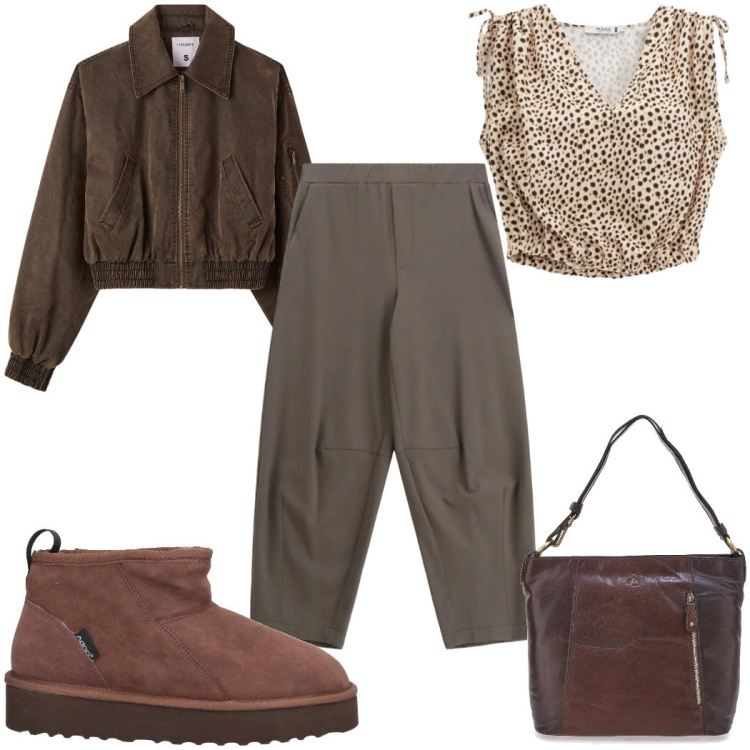Outfit donna - Total look #2378197. Stile Casual per Tutti i giorni. Abbinamento con stivaletti, bomber, pantaloni a palazzo, top, borse a spalla.