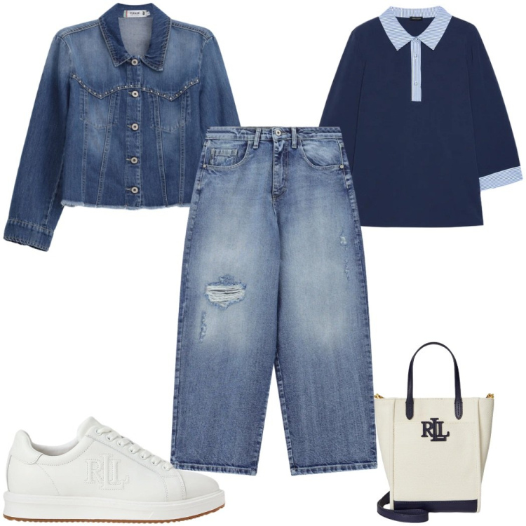 Outfit donna - Total look #2378200. Stile Casual per Tutti i giorni. Abbinamento con polo, blazer, jeans strappati, sneakers, borse tote.