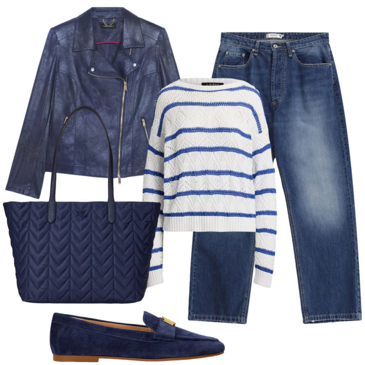 Outfit donna - Total look #2378201. Stile Casual chic per Ufficio. Abbinamento con jeans dritti, blazer, mocassini, borse tote, maglieria.