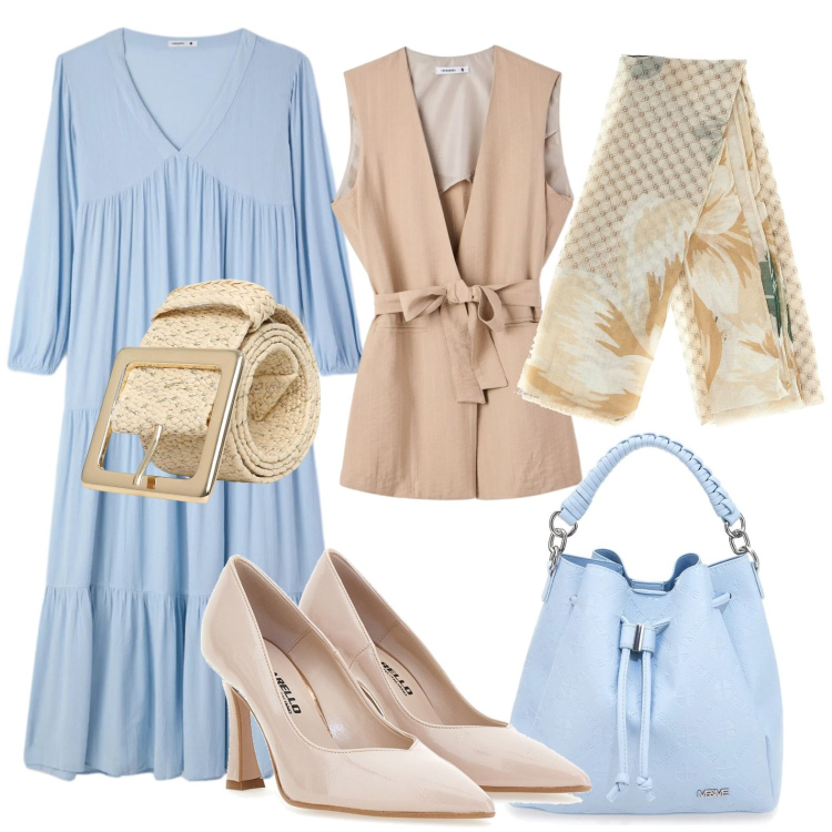 Outfit donna - Vestito a balze. Stile Minimal per Tutti i giorni. Abbinamento con vestiti lunghi, gilet, cinture, décolleté, borse a secchiello, foulard.