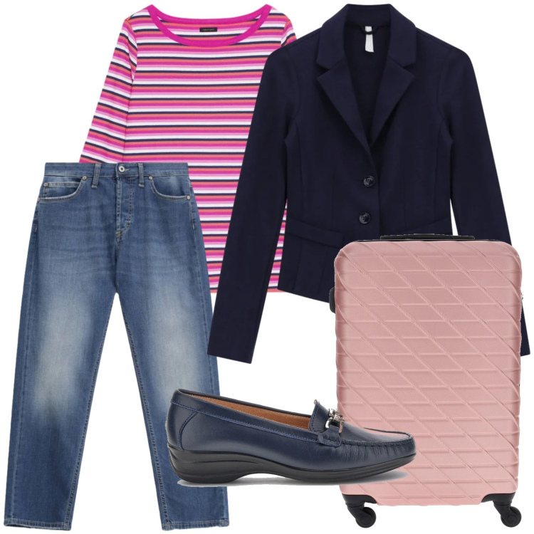Outfit donna - Il linguaggio del denim. Stile Minimal per Tutti i giorni. Abbinamento con jeans dritti, blazer, t-shirt, mocassini, valigie.