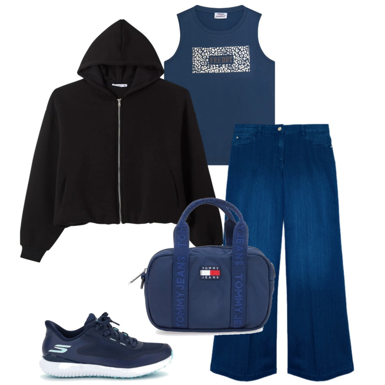 Outfit donna - Total look #2378210. Stile Sporty chic per Tutti i giorni. Abbinamento con felpe con cappuccio, jeans, canottiere, borse a tracolla, sneakers.