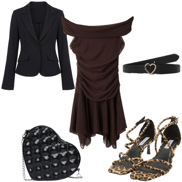 Outfit donna - Total look #2378211. Stile Trendy per Serata fuori. Abbinamento con blazer, vestiti corti, sandali col tacco, cinture, borse a tracolla.