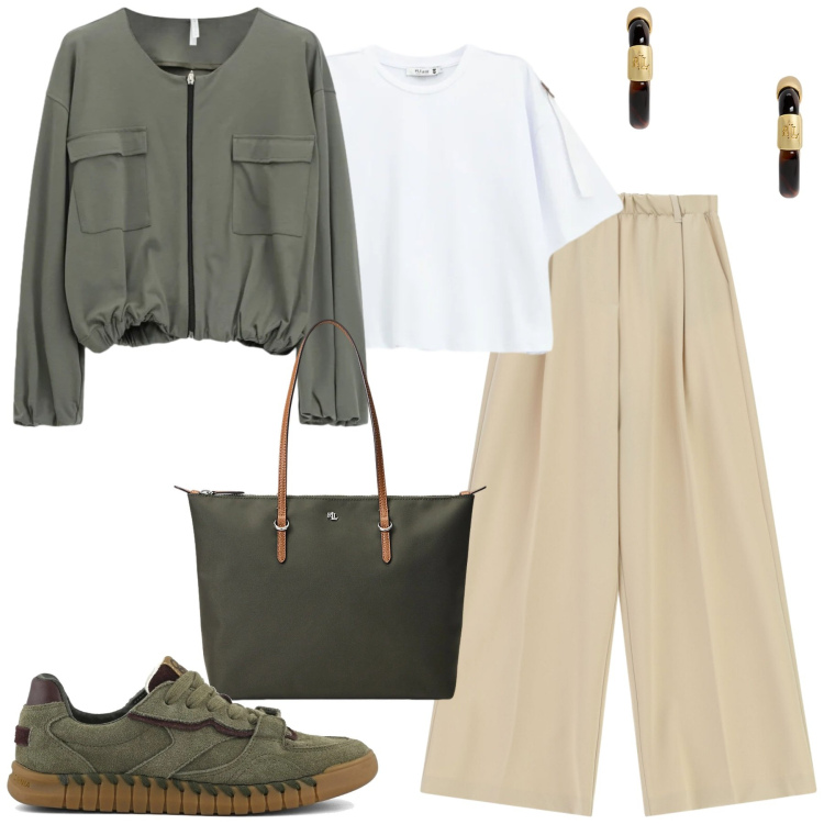 Outfit donna - City. Stile Casual chic per Tutti i giorni. Abbinamento con bomber, pantaloni a palazzo, t-shirt, borse tote, orecchini, sneakers.