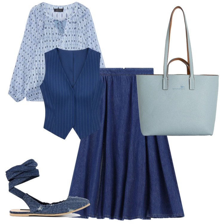 Outfit donna - Gonna di jeans. Stile Casual chic per Scuola/Università. Abbinamento con gilet, bluse, gonne lunghe, shopping bag, ballerine.