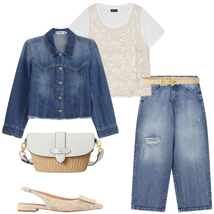 Outfit donna - Aprile. Stile Casual chic per Tutti i giorni. Abbinamento con ballerine, t-shirt, blazer, jeans strappati, cinture, borse a spalla.