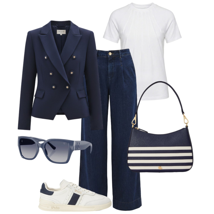 Outfit donna - La t-shirt bianca must have. Stile Basic per Tutti i giorni. Abbinamento con t-shirt, blazer, jeans dritti, sneakers, occhiali da sole, borse a spalla.