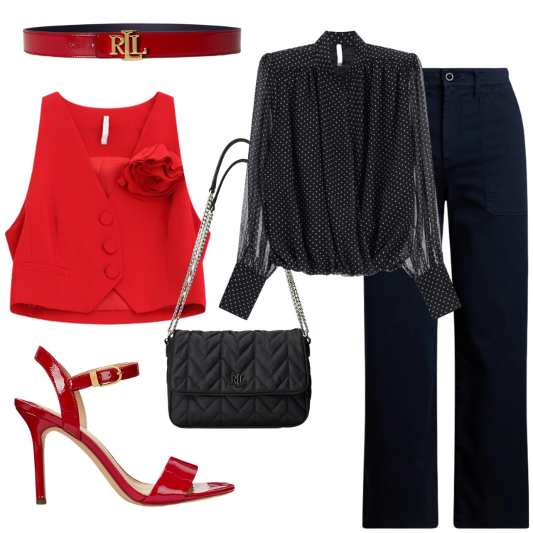 Outfit donna - Total look #2378224. Stile Trendy per Serata fuori. Abbinamento con camicie, gilet, sandali col tacco, pantaloni, borse a tracolla, cinture.