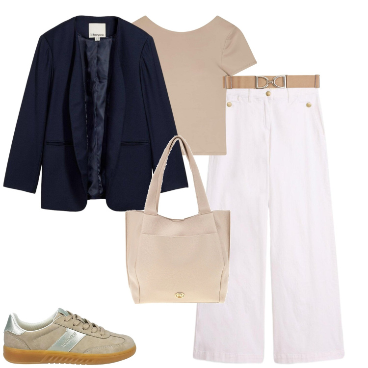 Outfit donna - Work wear. Stile Urban per Ufficio. Abbinamento con blazer, pantaloni, cinture, t-shirt, sneakers, borse a spalla.