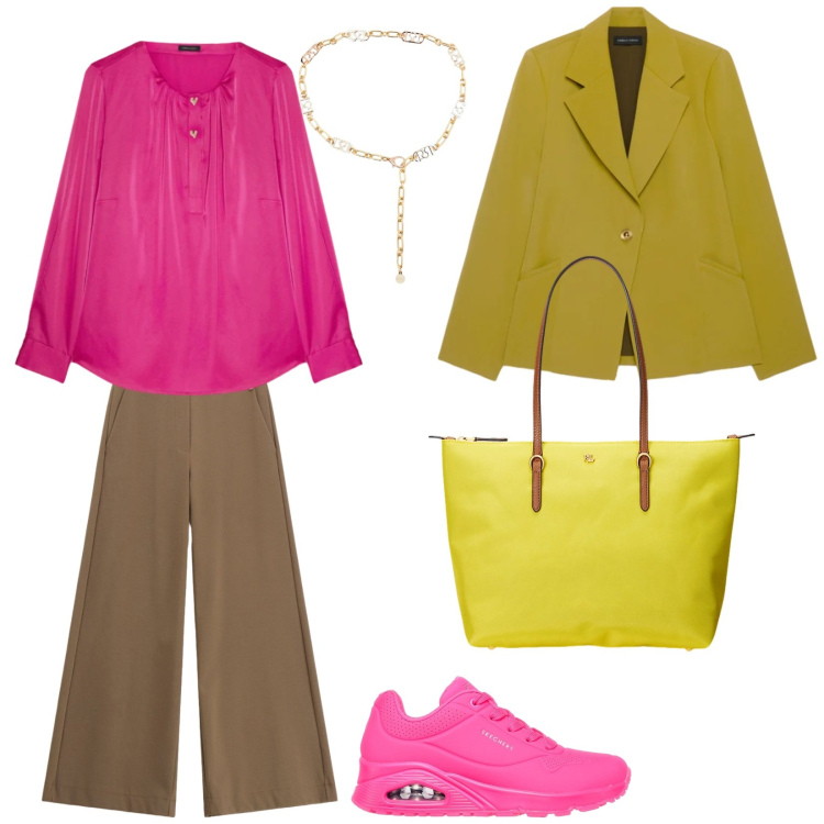 Outfit donna - Fucsia. Stile Casual chic per Tutti i giorni. Abbinamento con pantaloni a palazzo, cinture, blazer, bluse, borse tote, sneakers.