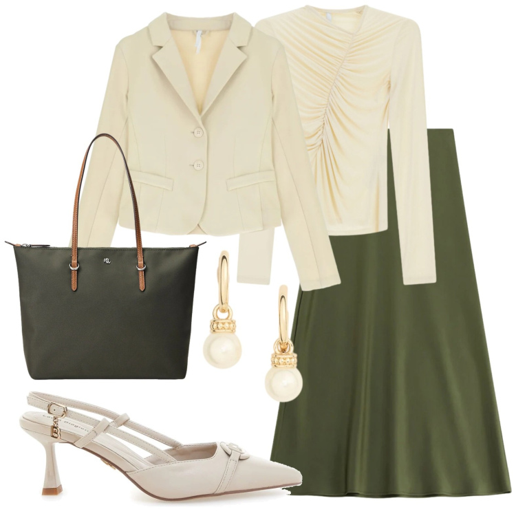 Outfit donna - Total look verde e panna. Stile Bon Ton per Tutti i giorni. Abbinamento con gonne lunghe, blazer, t-shirt, borse tote, orecchini, décolleté.
