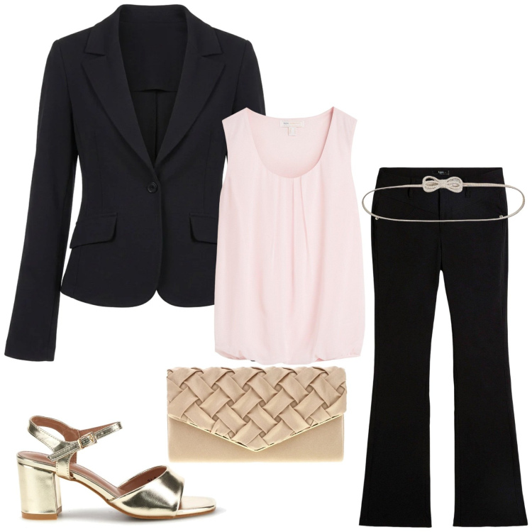 Outfit donna - Total look #2378231. Stile Chic per Serata fuori. Abbinamento con pantaloni, top, cinture, blazer, sandali col tacco, pochette.