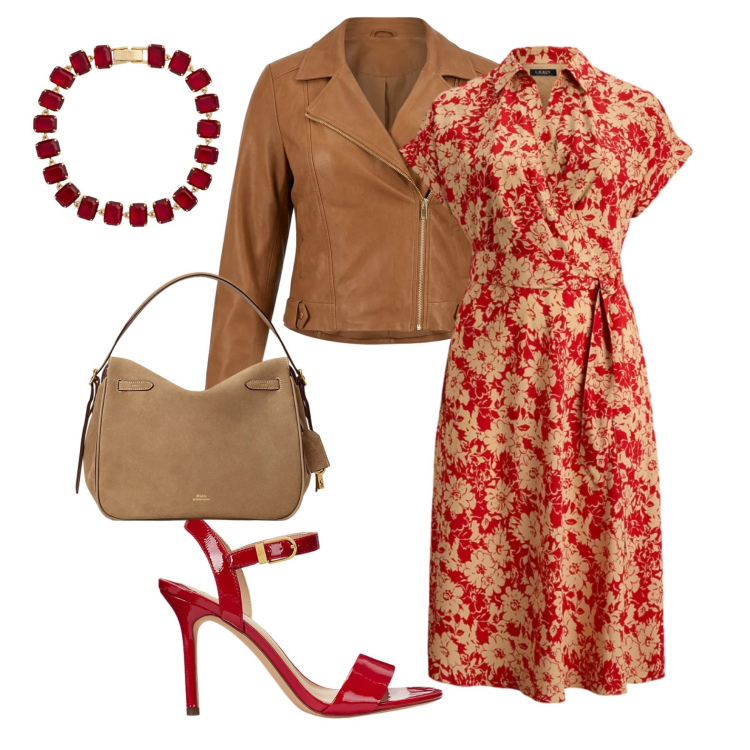 Outfit donna - Curvy style abito a fiori. Stile Glamour per Serata fuori. Abbinamento con giacche, sandali col tacco, borse a mano, braccialetti, vestiti chemisier.