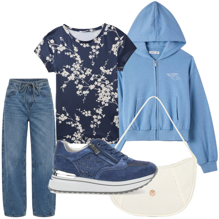 Outfit donna - Tempo libero. Stile Minimal per Tutti i giorni. Abbinamento con jeans, felpe con cappuccio, t-shirt, borse a mano, sneakers.