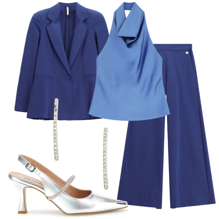 Outfit donna - Il completo must-have. Stile Glamour per Cerimonia. Abbinamento con pantaloni a palazzo, top, blazer, orecchini, décolleté.