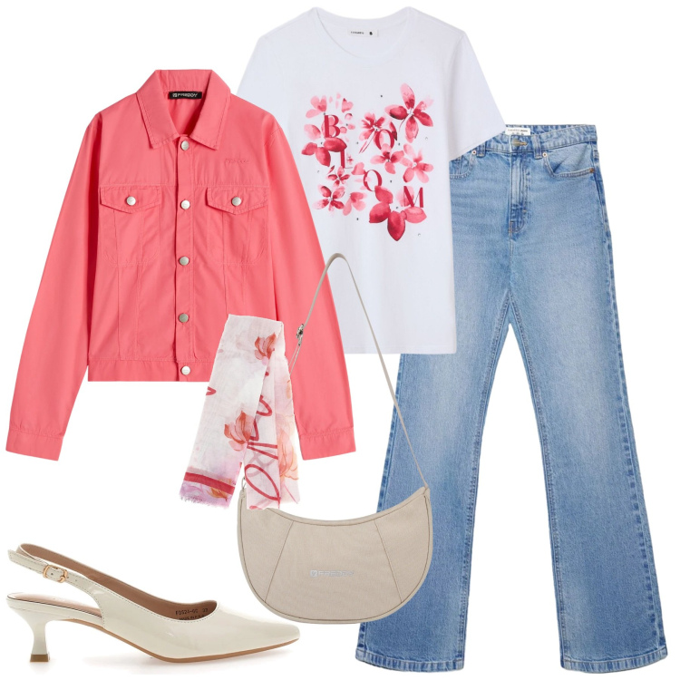 Outfit donna - Aprile a spasso. Stile Casual chic per Tutti i giorni. Abbinamento con blazer, borse a spalla, décolleté, t-shirt, foulard, jeans bootcut.